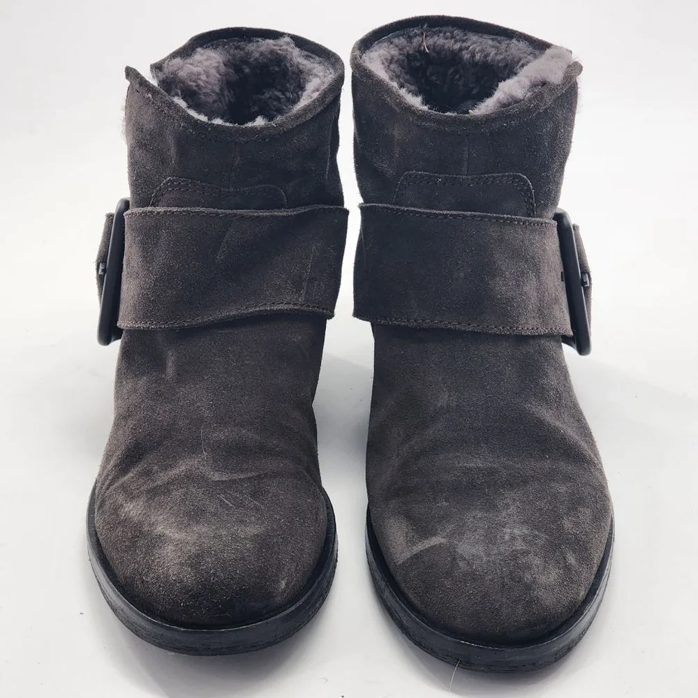 SIGERSON MORRISON $525 Suna 2 Gray Shearling Buckle Suede Ankle Booties Size 7‎